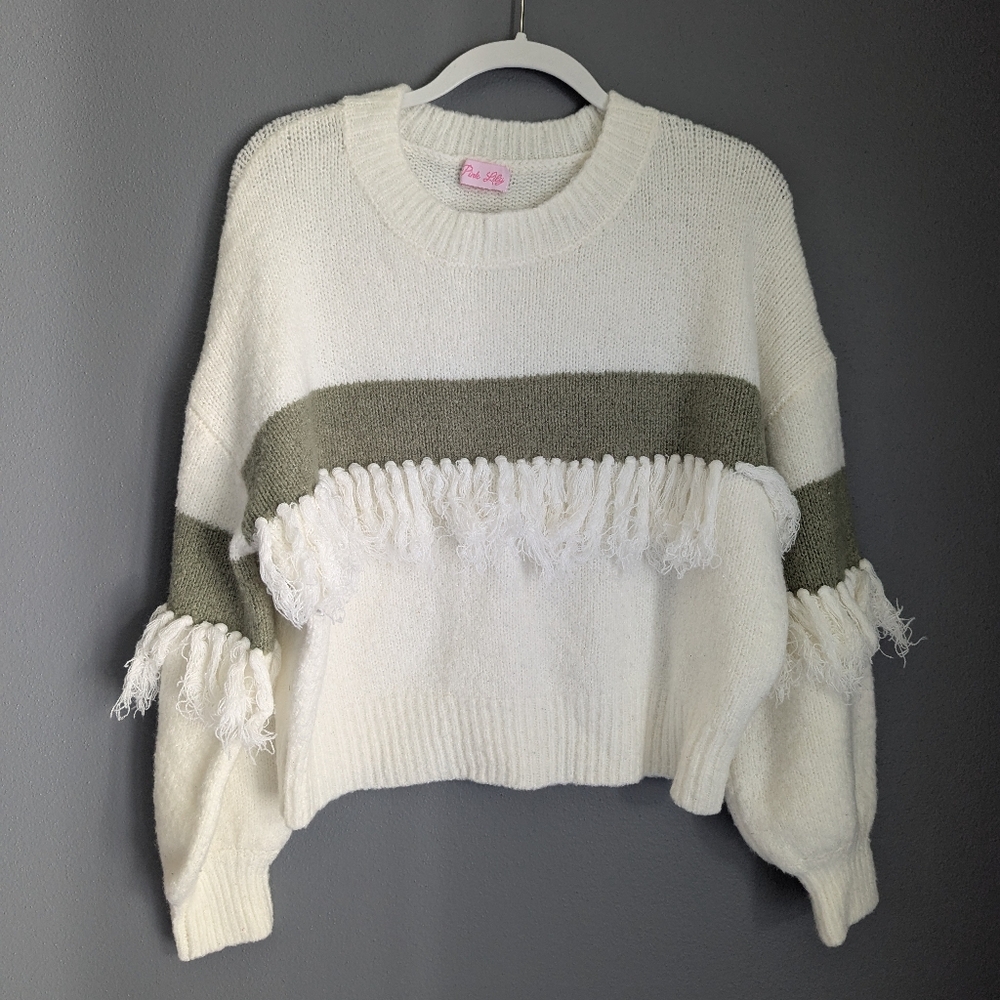 Pink Lily green and white sweater women's size small. Fringe Sleeve Element.